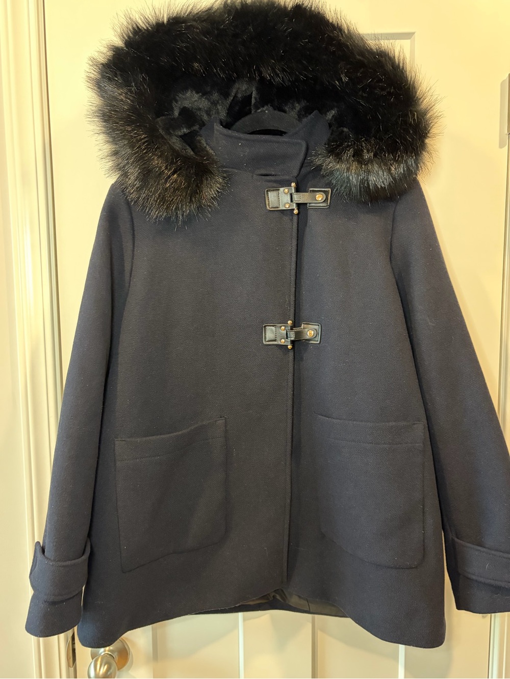 Mango Navy Hooded Pea Coat with Black Faux Fur Trim